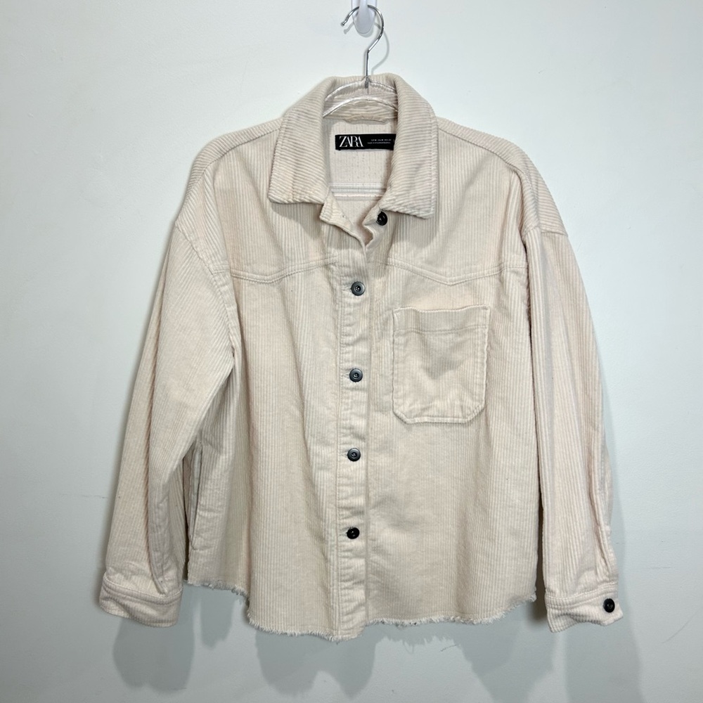 Zara Corduroy Shacket Cream Ivory Raw Hem Shirt Jacket Women M Casual Layer - Picture 12 of 14